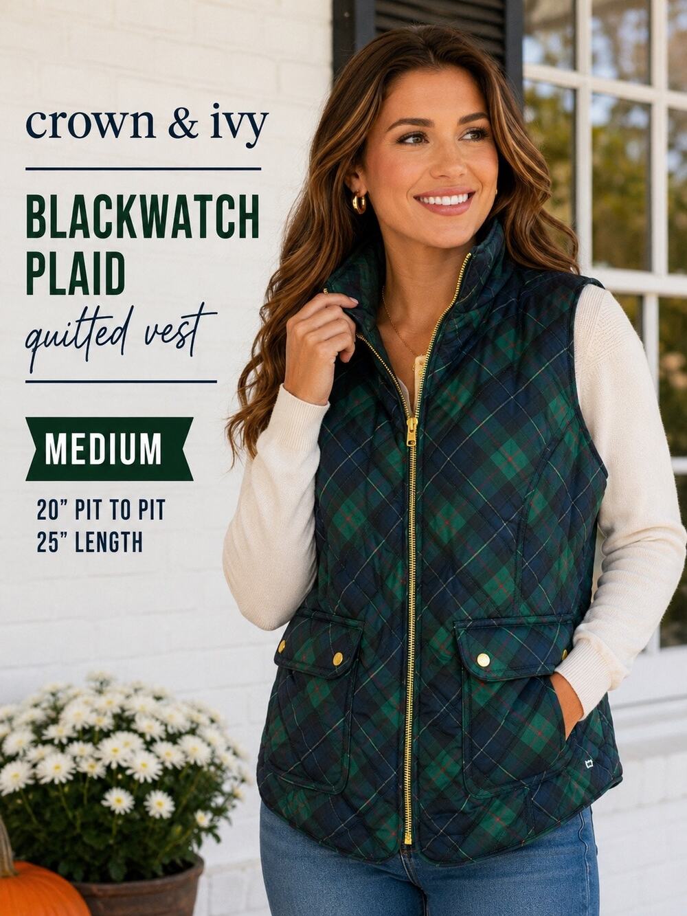 Crown & Ivy Blackwatch Plaid Quilted Vest Medium